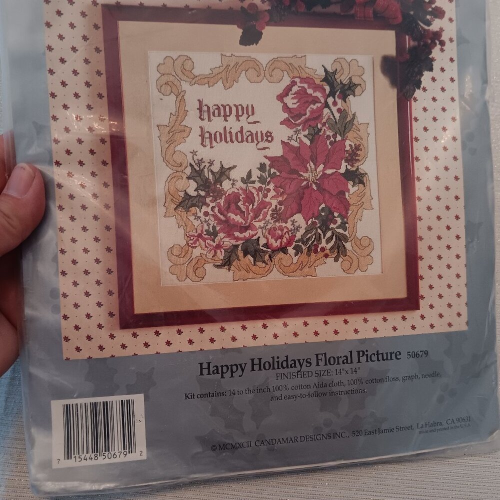 Vintage Candamar Counted Cross Stitch Christmas Poinsettia Floral picture kit